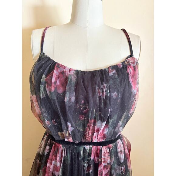 City Triangles Floral Maxi Dress Black Pink Sheer Overlay Size 11 Formal Gown - Picture 2 of 8